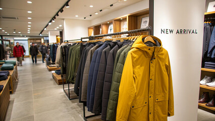 New arrival jackets displayed on racks in a modern clothing store with customers browsing