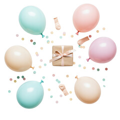 Festive balloons gift box and confetti arrangement isolated on transparent background