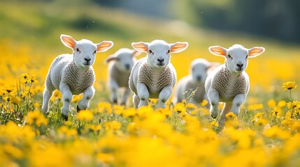 Playful lambs frolic in a vibrant meadow of blossoming yellow flowers