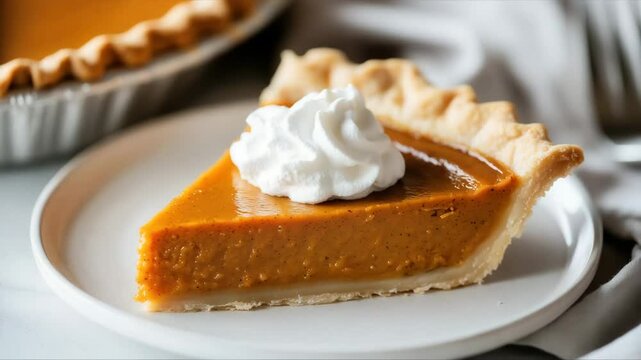 A slice of creamy pumpkin pie with a flaky golden crust sits on a white plate topped with whipped cream. Traditional autumn dessert with smooth texture. Food comfort.