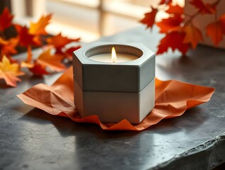 Autumnal Glow: A Lit Candle in a Concrete Holder