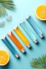 Colorful flat lay of cooling gel tubes with citrus accents for vibrant marketing purposes