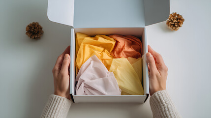Gift Box Opening: A person unveils a carefully curated gift box filled with colorful tissue paper, evoking a sense of anticipation and joy. 