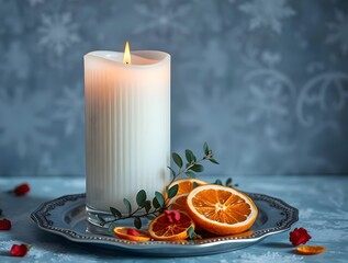 Scented Candle and Citrus Slices on a Silver Tray