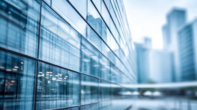 Modern architecture featuring a building's reflective glass facade and blurred cityscape for dynamic cityscapes visuals and corporate themes.