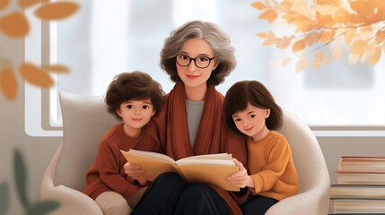 Library Volunteer Reading to Children in Cozy Environment