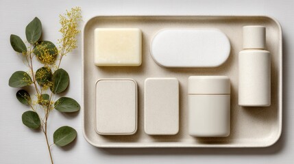 Beige skincare products arranged on a tray