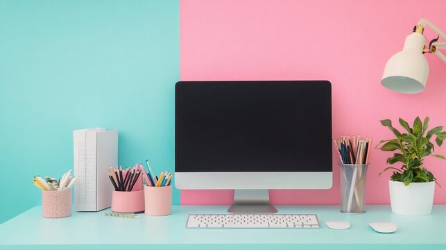 Creative workspace mockup with computer on pastel color block background