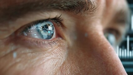 Data-Driven Insights: Close-up of an eye reflects a high-tech world with digital information displayed, symbolizing modern technology and data processing. - Powered by Adobe