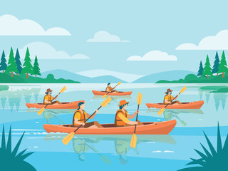 Group of kayakers paddling on a calm lake surrounded by trees and mountains