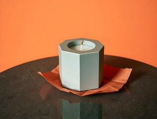 Hexagonal Candle on Dark Table with Orange Accents