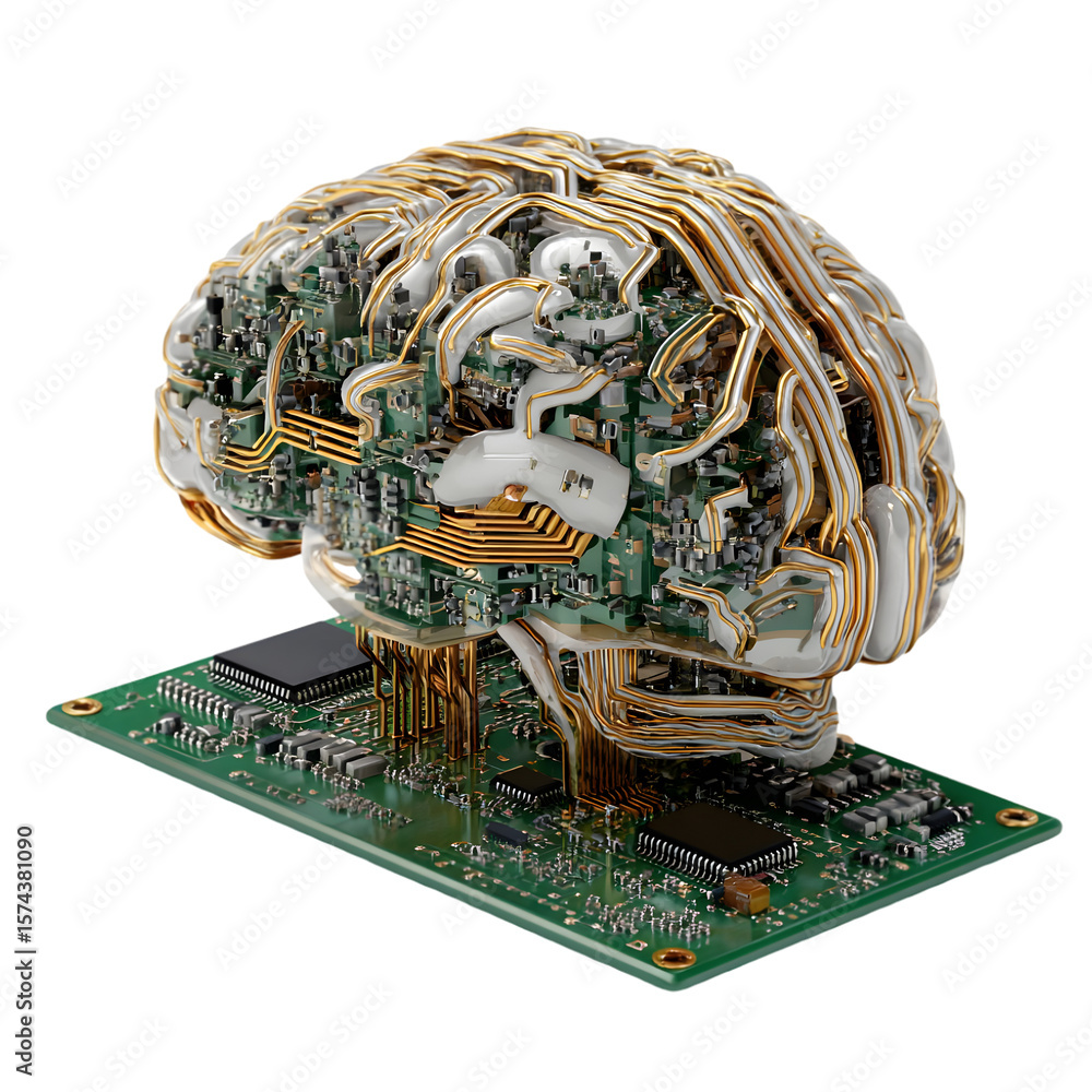 Poster futuristic representation of a brain made from circuit boards and wires, symbolizing technology and 