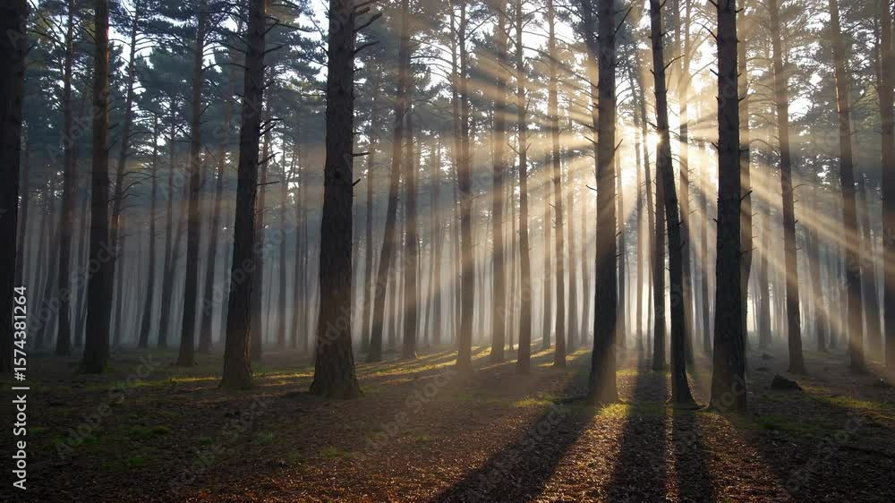 Poster sunlight streams through tall trees in a serene forest, captured from a low angle. perfect for a tra