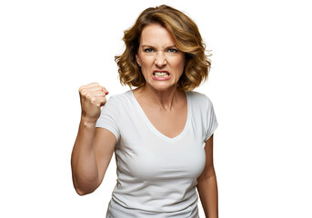 A woman shaking her fist angrily on transparent background 