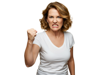 A woman shaking her fist angrily on transparent background 