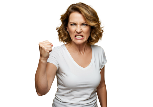 A woman shaking her fist angrily on transparent background 