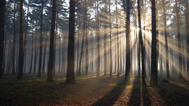 Sunlight streams through tall trees in a serene forest, captured from a low angle. Perfect for a tranquil nature video backdrop. Live desktop wallpaper.