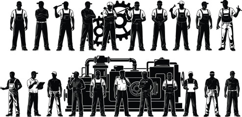 Industrial workers silhouette illustration, gear and machinery background, manufacturing teamwork poses, tool holding graphics, black vector design, factory labor force concep