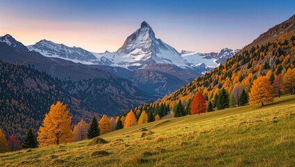 Majestic matterhorn peak in switzerland under a soft sunset sky during autumn