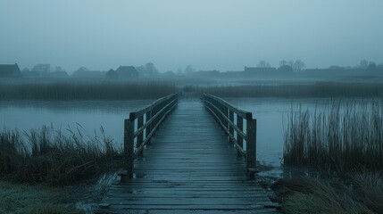 Naklejka premium Misty Wooden Bridge Over Still Water