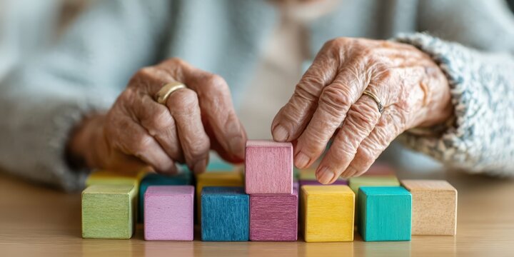 Elderly Woman Engages in Cognitive Therapy with Wooden Blocks at Nursing Home