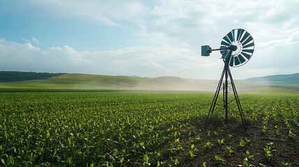 Wind-powered irrigation system in a modern field 