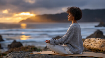 Fototapeta premium Meditation at Sunrise on a Rocky Beach