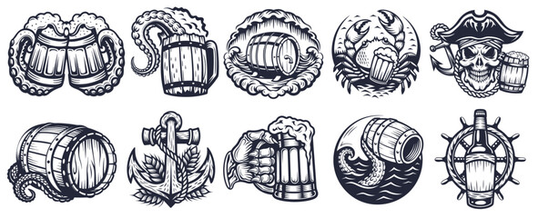 Vintage monochrome nautical emblems set with different compositions featuring beer mugs, wooden barrels, octopus tentacles, pirate skull, crab, anchor and helm, perfect for brewery or bar branding