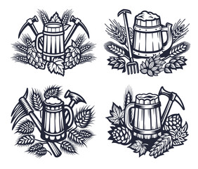 Vintage black and white brewery badge displaying wooden beer mug set , surrounding hops, wheat stalks, and crossed pickaxes, representing traditional craft brewing heritage