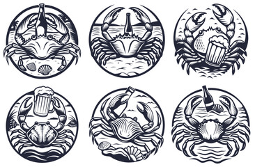 Monochrome vector set crab clutching beer mug while resting on sandy beach, circular framing perfect for coastal dining and brewing brand identity
