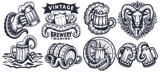 Vintage monochrome marine brewery emblems set with beer mugs, wooden barrels, octopus tentacles, ram head and hop branches isolated on white background