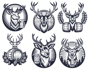 Monochrome vector illustration set featuring a majestic deer holding wooden beer mug and barrel, encircled by stylized barley branches, creating vintage inspired emblem for brewery or pub branding