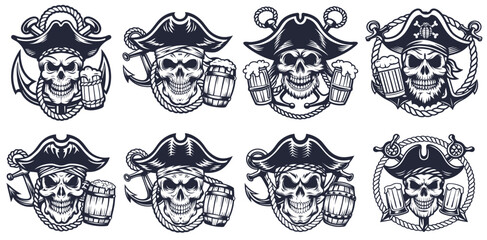 Monochrome design set featuring a menacing pirate skull wearing a tricorn hat, adorned with crossed bones and a bomb, while enjoying a frothy beer, set against a backdrop of anchors and nautical rope