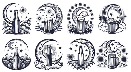 Vintage monochrome illustration set featuring a foamy beer mug and bottle beneath a crescent moon, stars, and a cloud, creating a classic and timeless emblem