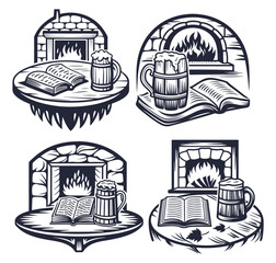 Monochrome illustration set featuring a wooden beer mug placed on an open book, set against the backdrop of a brick fireplace with a burning fire, creating a cozy and inviting atmosphere