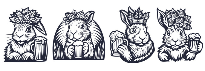 Monochrome vector illustration set of a cheerful rabbit wearing a crown of hops and holding a frothy beer mug, ideal for brewery, bar, or pub branding, apparel design, and beer related merchandise