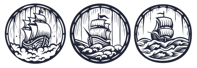 Vintage monochrome round emblem set featuring a sailing ship navigating sea waves, elegantly framed by a wooden barrel, perfect for brewery or nautical travel company branding