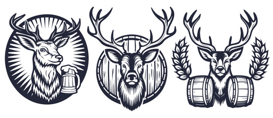 Vintage style monochrome vector set featuring muscular deer silhouette standing near wooden beer barrel, beer mug decorated with hop branches, representing classic brewery design