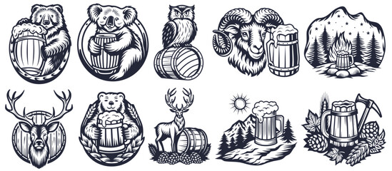 Vintage monochrome illustrations set depicting wild animals like bears, koalas, and owls alongside rustic outdoor scenes with mountains, campfires, and beer mugs