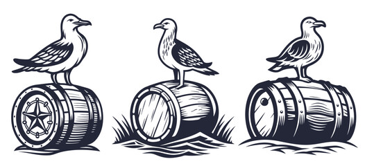 Monochromatic vector illustration set depicting a seagull perched on a wooden beer barrel resting on sandy shores, capturing the essence of a nautical brewing theme with vintage flair