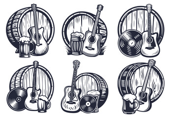 Vintage monochrome emblems set featuring wooden beer barrels, frothy mugs of beer, acoustic guitars, and classic vinyl records, perfect for enhancing brewery or bar aesthetics