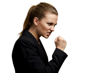 A woman shaking her fist angrily on transparent background 