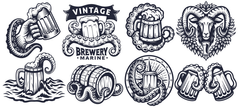 Vintage monochrome marine brewery emblems set with beer mugs, wooden barrels, octopus tentacles, ram head and hop branches isolated on white background - Powered by Adobe