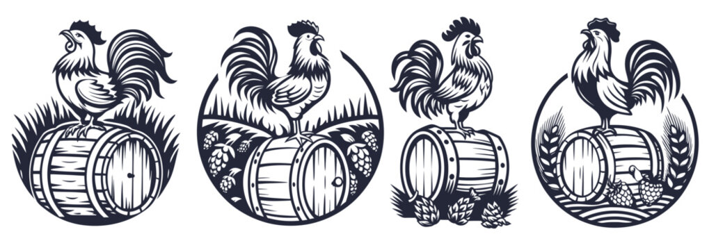 Monochrome vector illustration set of a proud rooster standing and crowing on a wooden barrel with metal hoops, surrounded by hops flowers, ideal for a brewery or beer related business