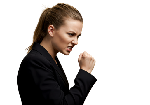 A woman shaking her fist angrily on transparent background 