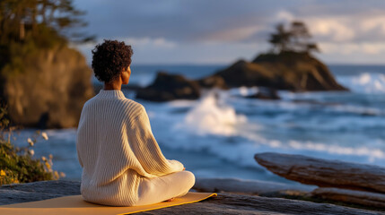 Fototapeta premium Coastal Meditation at Sunrise on a Rocky Beach
