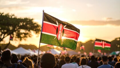 Kenyan flag waving at a sunset festival