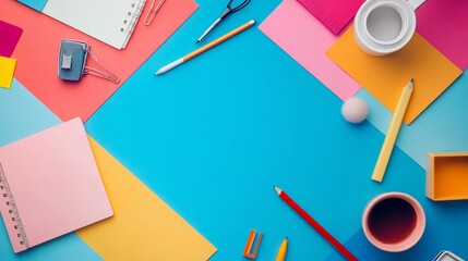 Creative workspace with vibrant stationery and colorful geometric backdrop