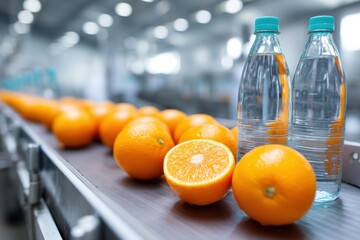 Vibrant citrus processing facility showcasing juicing and bottling operations in full swing