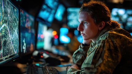 Closeup of an Army IT specialist at work within a modern Military Operation Center surrounded by advanced technology. The expert scrutinizes satellite imagery while relaying critical
